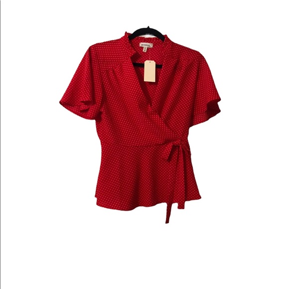 Monteau, Red-Orange/White Polka Dot S/S Top Size M - Picture 3 of 5